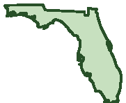 Florida map outlined in green with Tampa, Orlando, and Miami marked